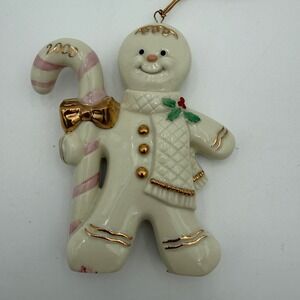 Lenox 2000 Gingerbread Man Candy Cane Ivory China Gold Trim Christmas Ornament